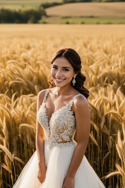 Chica de sesión de fotos de boda con vestido blanco en los campos generada por ai